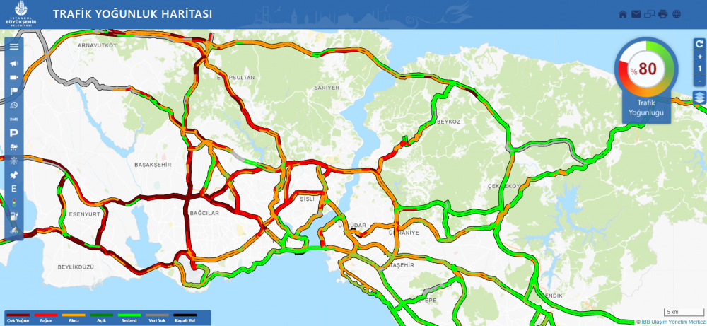 22.30 itibariyle İstanbul trafik yoğunluk haritası